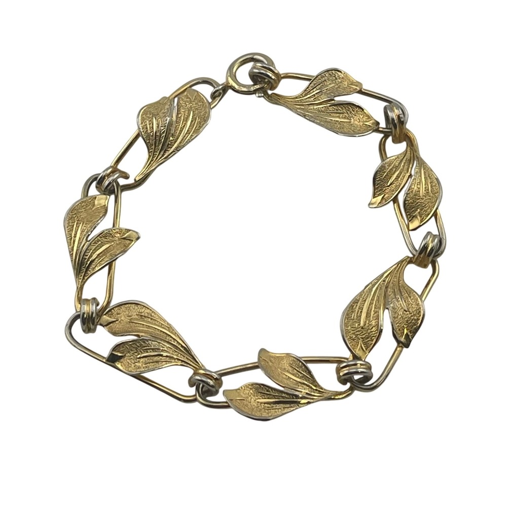 Vintage‎ mid century 12k gold filled etched leaf link bracelet 50s 60s